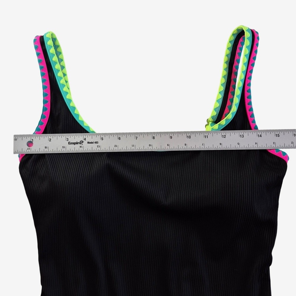 Popvil Womens One Piece Swimsuit Black Ribbed Neon Ric Rac Trim Size Large - Picture 4 of 7